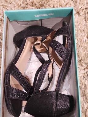 Girls Black Glitter Strappy Dress Heels